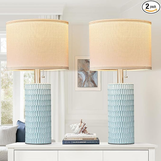 Reaketon Table Lamps for Living Room Set of 2, Ceramic Table Lamps for Bedroom, 20" Modern Lamps for Night Stands, Blue