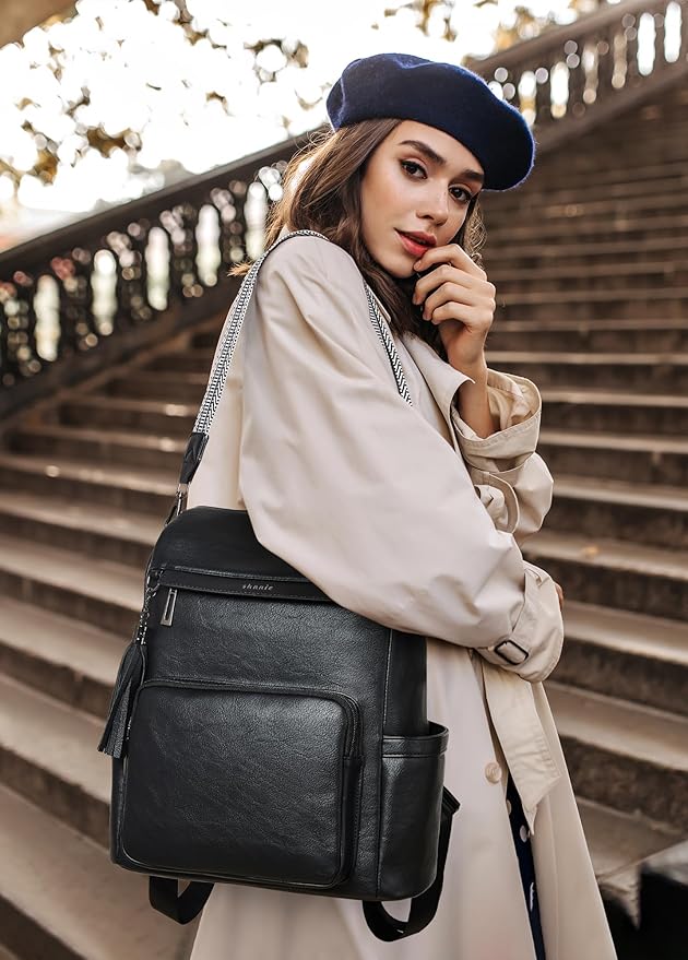 Shrrie Vegan Leather Laptop Backpack for Women 15.6 inch Work Backpack Fashion Travel Backpack Purse for Travel College Work