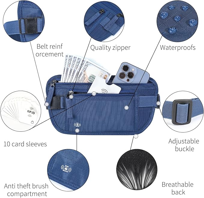 Money Belt for Travel Hidden Travel Pouch Women Men Hidden Rfid Passport Holder for Travel (Dark Blue)