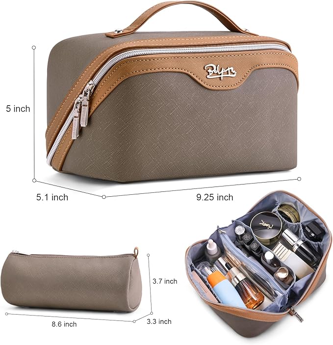 BOYATU Travel Makeup Bag Organizer Cosmetic Bag: 3 Pcs Set Make up Bags for Women with Handle - Waterproof Vegan Leather Toiletry Bags Travel Essentials Pouch with Compartments (A-02-Grey)