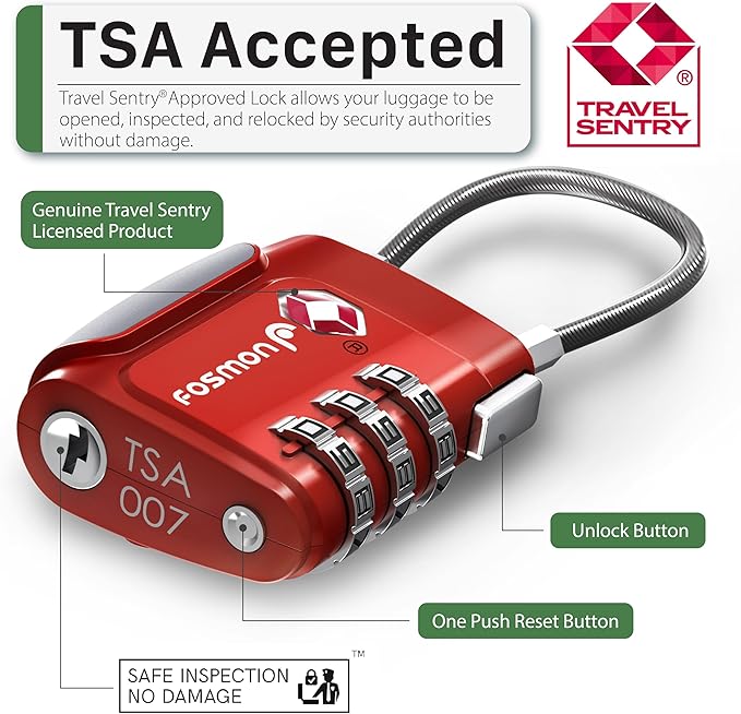 Fosmon TSA Approved Cable Locks for Luggage, Suitcase Locks with Push Release Button, 3 Digit Long Shackle Combo Wire Locks for Backpack, Gym Locker