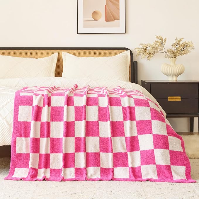 Checkered Blanket, Cozy Soft Throw Blankets for Couch Bed, Fluffy Plaid Lightweight Comfy Travel Picnic Blanket Gifts for Sofa Chair Living Room Camping (Hot Pink, Throw 50"x60")