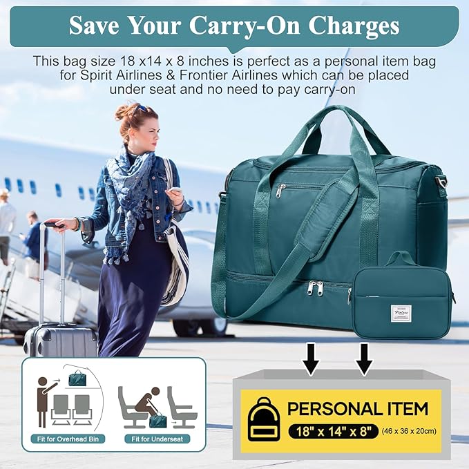 Travel Duffel Bag for Women, Carry-on Overnight Weekender Bags with Wet Pocket & Toiletry Bag, For Spirit Airlines 18x14x8 Personal Item Bag,Small,Peacock Blue