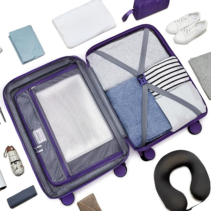 LARVENDER Carry On Luggage Set 22x14x9 Airline Approved, Expandable 20 Inch Carry-On Suitcases With Wheels, Lightweight Luggage Sets 3 Pieces With Backpack, Grape Purple
