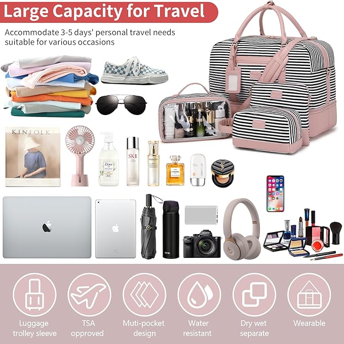 Wogarl Weekender Bags for Women Large Overnight Bag Weekend Travel Duffel Bag Carry on Shoulder with Shoe Compartment Toiletry Bag for Travel Business Gym