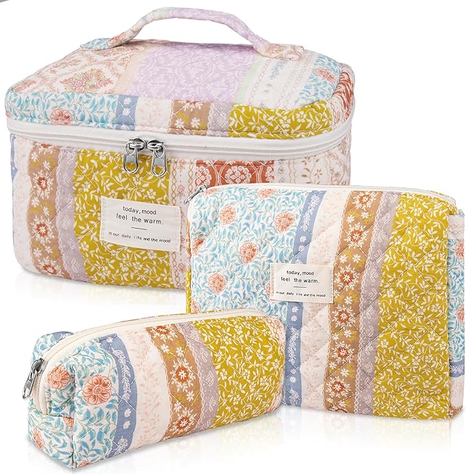 Quilted Makeup Bag Set, Large Floral Cosmetic Bag for Women, Cute Cotton Makeup Bag, Flower Travel Toiletry Organizer Bag(Color-Coded Floral)