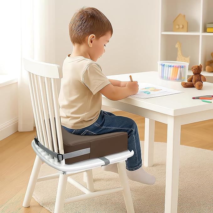 Toddler Booster Seat Dining Table Kitchen Chair, Waterproof Anti-Scratch PU Cushion, Non-Slip Bottom, Adjustable Buckle Straps, Easy Clean Portable Seat Cushion (Dark Brown)
