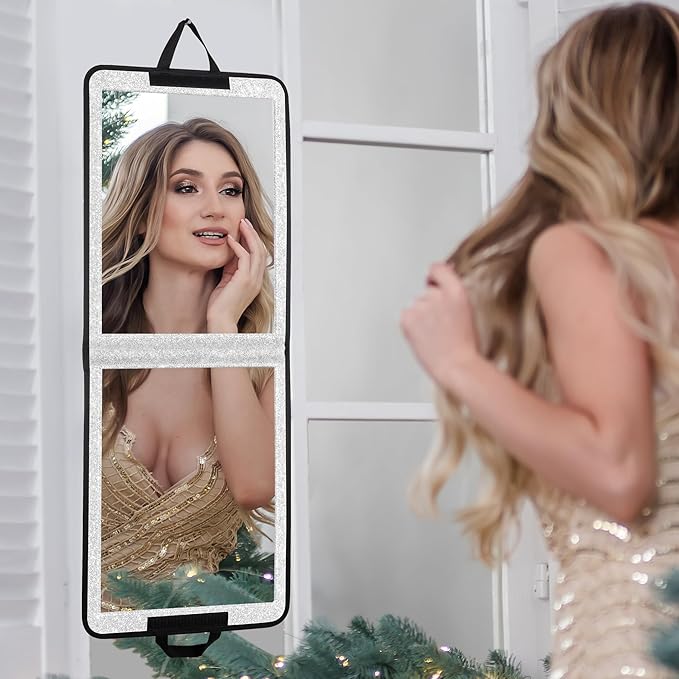 LPHUMEX Foldable Full Length Mirror Glitter Silver, 13x33 Portable Body Mirror for Travel, Dance, Festival
