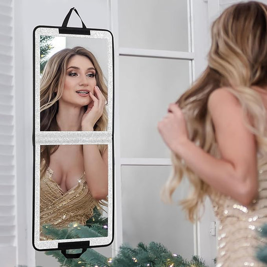 LPHUMEX Foldable Full Length Mirror Glitter Silver, 13x33 Portable Body Mirror for Travel, Dance, Festival