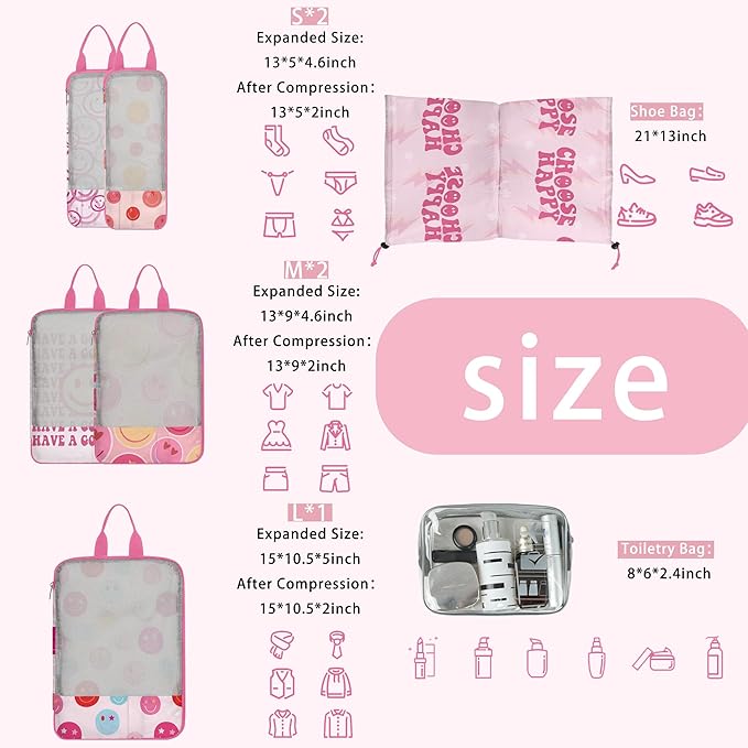 7 Pcs Compression Packing Cubes for Travel Luggage, Lightweight Suitcase Organizer Bags Set, Compression Packaging Cube for Travel Essentials, Packing Cubes for Carry on Suitcase