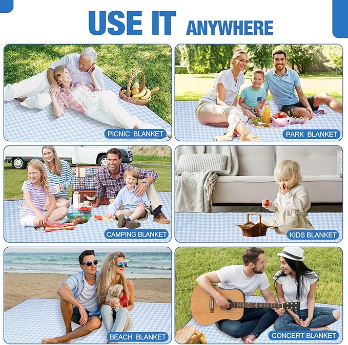 G GOOD GAIN Picnic Blankets Outdoor Extra Large - 80"x80" Portable Waterproof Picnic Blanket, Machine Washable 3-Layer Foldable Park Mat with Sandproof Backing for Grass, Hiking, Travel (Sky Blue)