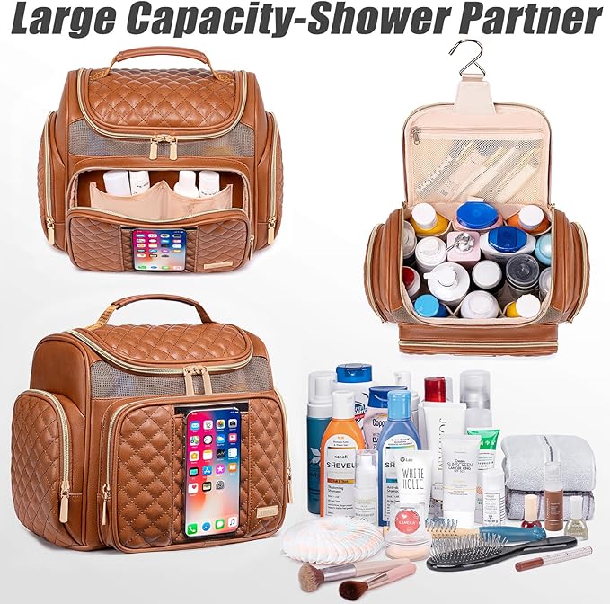 Large Leather Toiletry Bag for Women Men,Bathroom Bag,Water Resistant Shower Bag,Makeup Bag,Portable Shower Caddy for College Dorm,Hanging Travel Toiletry Bag with Transparent Waterproof Phone Pocket