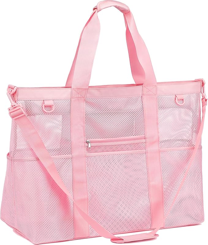 Fammart Mesh Beach Bag, Large Beach Tote with Zipper Pocket, Toys Pool Bag for Family Travel Vacation Cruise Essentials