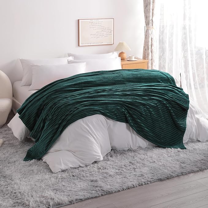 NTBAY Plush Flannel Twin Bed Blanket, 60X80 Inches Soft and Warm Lightweight Bed Blanket with Striped Texture for Couch Sofa Bed All Seasons, 60"x80", Dark Green