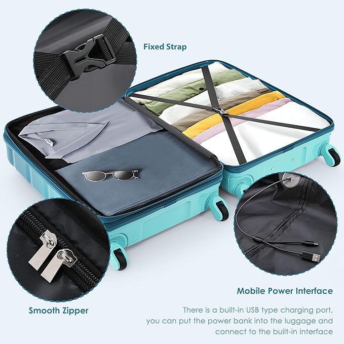 3 Piece Suitcase Luggage Sets, ABS with TSA Lock and USB Port