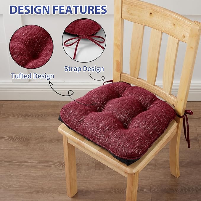 Chair Cushions for Dining Chairs Set of 6, Red Kitchen Chair Cushions, Chair Pads with Ties and Non Slip Backing, Christmas Room Decor, Tufted Memory Foam Seat Cushion 6 Pack, 15.5"x15.5"x4"