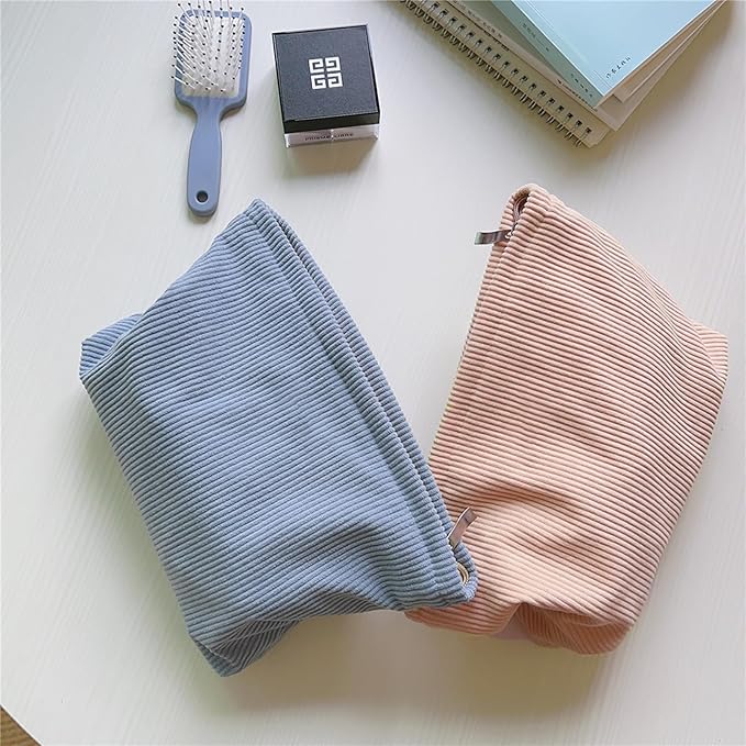 HAPPYHEIDI Large Corduroy Makeup Bag with Compartment Cosmetic Toiletry Travel Accessory Pouch Purse Organizer, Soft Misty Blue