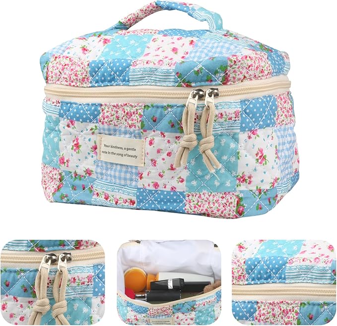 Cute Makeup Bag for Women(2 Pcs), Travel Cosmetic Bags, Quilted Coquette Aesthetic Floral Toiletry Organizer Bag (43 - Grid Rose/4PCS)