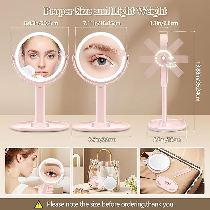 MOMOKUBA Makeup Mirror with Lights, Double Sided 1x/30x Magnifying Mirror with Light, Rechargeable 3 Color Lights and Adjustable Brightness, 360° Rotation Detachable Comes with Tweezer(Blush-30X)