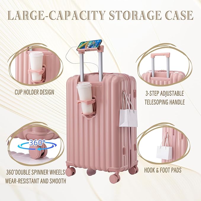 Luggage Set,3 Piece Suitcase with Spinner Wheels, Suitcase with Lock Cup Holder Phone Holder,Carry On Luggage Easy Travel for Men and Women,Pink