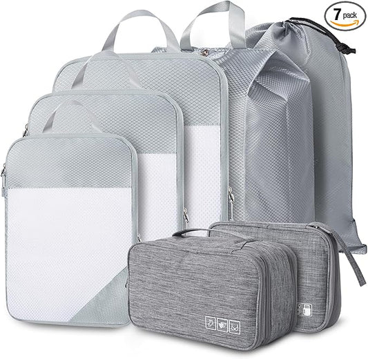 Compression Packing Cubes, 7 Set Packing Cubes for Travel Compression, Lightweight Compressible Package Organizer for Carry On and Suitcases, Light Grey