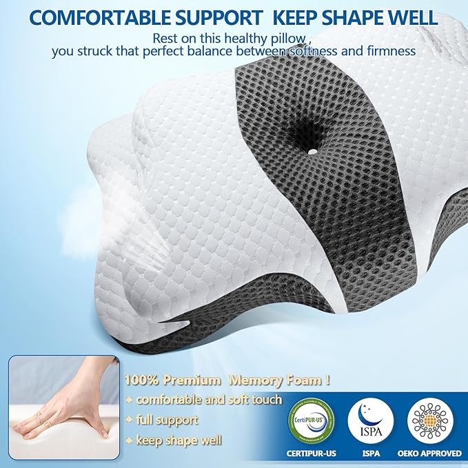 Cervical Neck Pillow for Pain Relief Sleeping, Memory Foam Pillows, Ergonomic Side Sleeper Pillows for Adults, Orthopedic Neck Support Pillow for Back Stomach Sleepers-King Size&Dark Grey