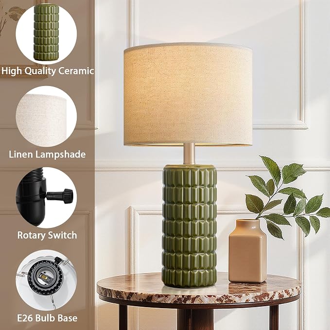 Seealle 23" Modern Ceramic Table Lamps Set of 2, Lamps for Bedroom, Green | Lamps for Living Room, Bedroom, Bedside, Night Stands, End Table, Desk, Farmhouse Home Decor