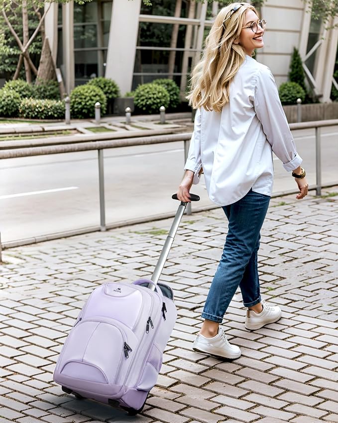 MATEIN Rolling Backpack for Women, 17 Inch Travel Laptop Backpacks with Wheels, Waterproof Large Roller Carry On Luggage Wheeled, Trolley Overnight Suitcase Business Computer Bag, Purple