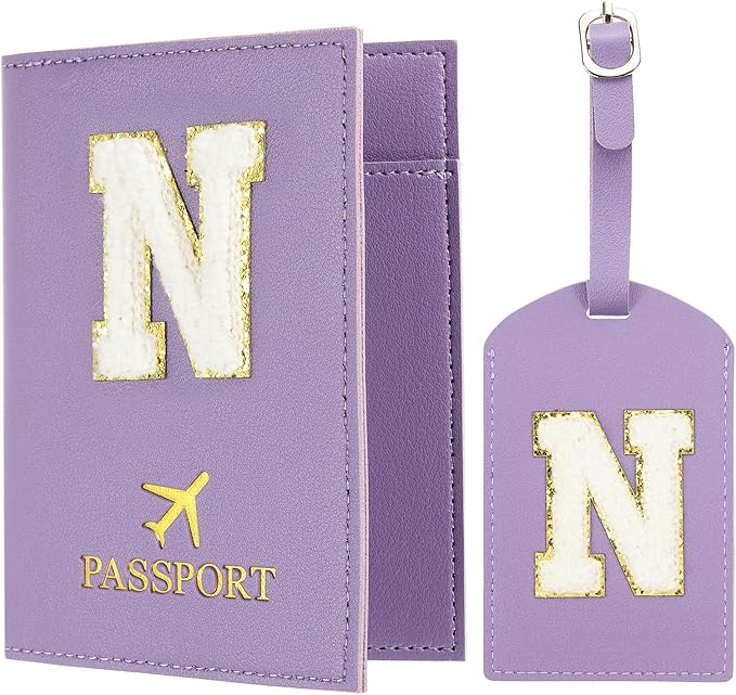PATIKIL Passport Holder for Travel, Initial Passport Cover and Luggage Tag Set with Alphabet Chenille Letter Patch Travel Wallet Bag Suitcase Identifier for Women Family Travel Purple N