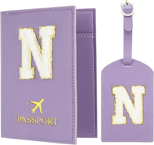 PATIKIL Passport Holder for Travel, Initial Passport Cover and Luggage Tag Set with Alphabet Chenille Letter Patch Travel Wallet Bag Suitcase Identifier for Women Family Travel Purple N