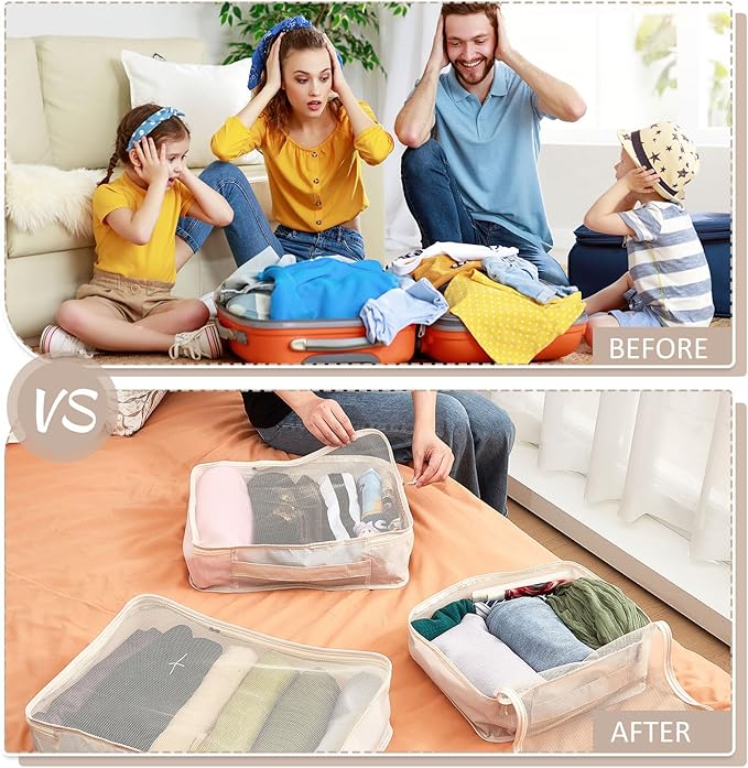 Silkfly 12 Pcs Packing Cubes for Suitcase Travel Luggage Bags Bulk Mesh Organizer Set for Hiking Camping Backpacking Clothes Accessories(Light Khaki, XL, L, M Size)
