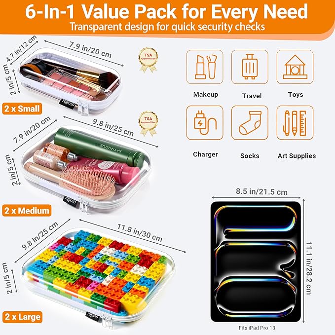 6 Pack Clear Hard Shell Zipper Case (2 Small, 2 Medium, 2 Large), See-Through Hard Plastic Organizer Pouches with Zipper for Travel, Toiletries, Makeup, Electronics & Pencils - Crush-Resistant Storage