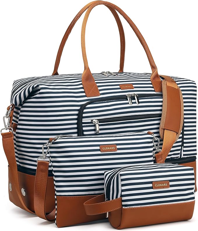 Duffle Bag for Women Travel, Weekender Bag Overnight Bag with Shoe Compartment, Carry on Bag with Crossbody Purse for Over Night, Weekend, Yoga, Gym, Business Trips, Hospital, Blue Strip