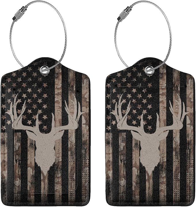 Camo Deer Hunting 2 Pcs Luggage Tags, Privacy Cover Id Label with Stainless Steel Loop and Address Card for Suitcases & Travel Bags