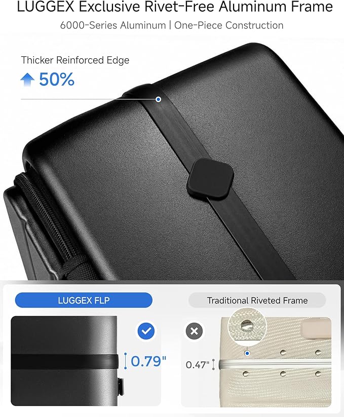 LUGGEX Carry On Luggage Top Opening & Front Opening, FLP Aluminum Frame Trunk Style Luggage with Front Pocket, Polycarbonate Hard Shell Suitcase (FX- Enhance, Blue, 21 Inch, 38L)