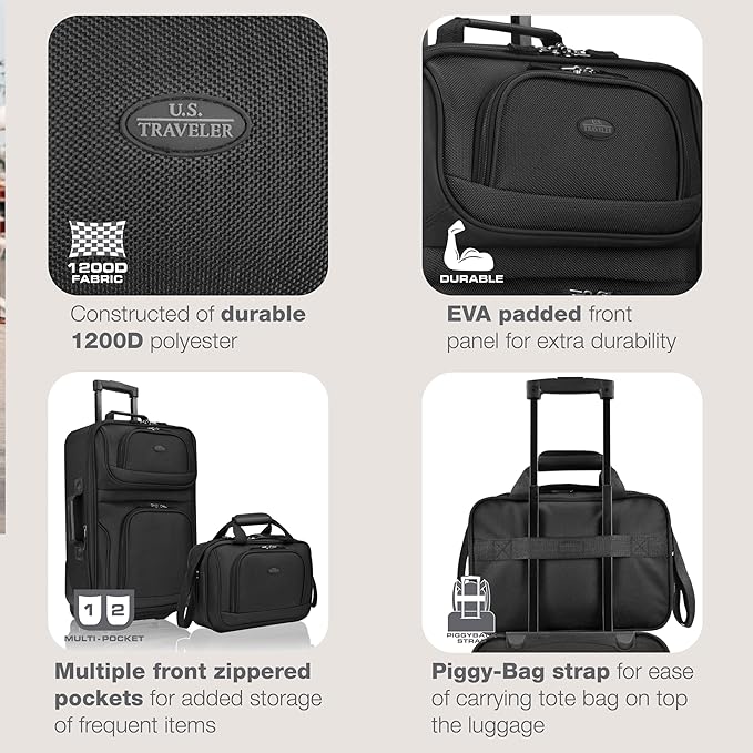 U.S. Traveler Rio Lightweight Softside Rolling Carry-on Suitcase, 2-Wheel Set, Black