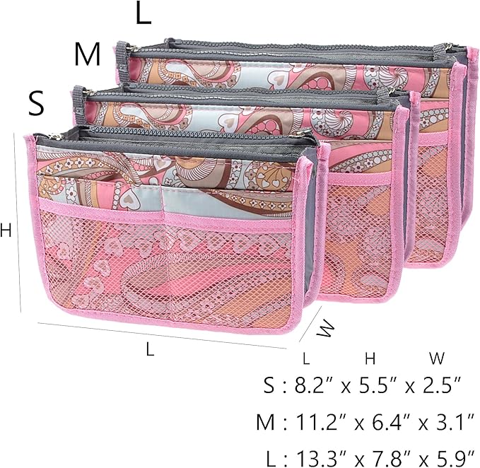 Vercord Purse Organizer Insert for Handbags Bag Organizers Inside Tote Pocketbook Women Nurse Nylon 13 Pockets Pink Flowers Small