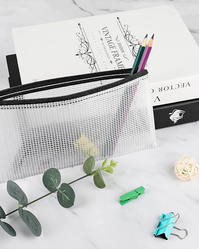 Smarpau Pencil Pouch 24PCS, 9.3" x 4.7" Mesh Zipper Pouches for Organizing, Bill Size Waterproof Zipper Pencil Bags for Travel, Office, Home Storage, Black