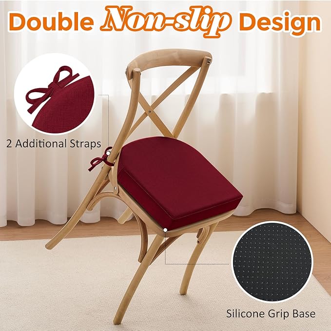 downluxe Chair Cushions for Dining Chairs, Memory Foam Linen Kitchen Chair Pads with Ties, Waterproof, Stain-Resistant and Washable Cover, 17" x 16" x 2.5", Red, 6 Pack