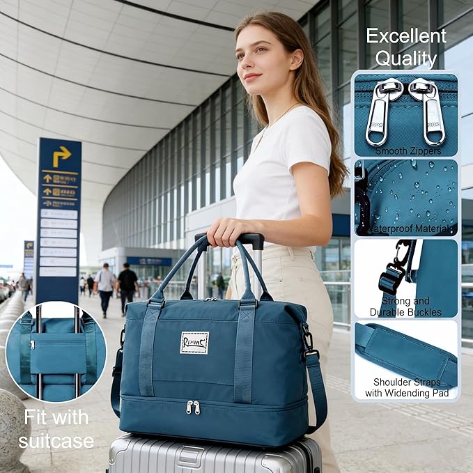 Travel Duffel Bag, Personal Item Travel Bag, Weekender Bag with Shoe Compartment & Wet Pocket, Lightweight Carry On Overnight Tote for Travel, Gym, Weekend Getaway (Peacock Blue)