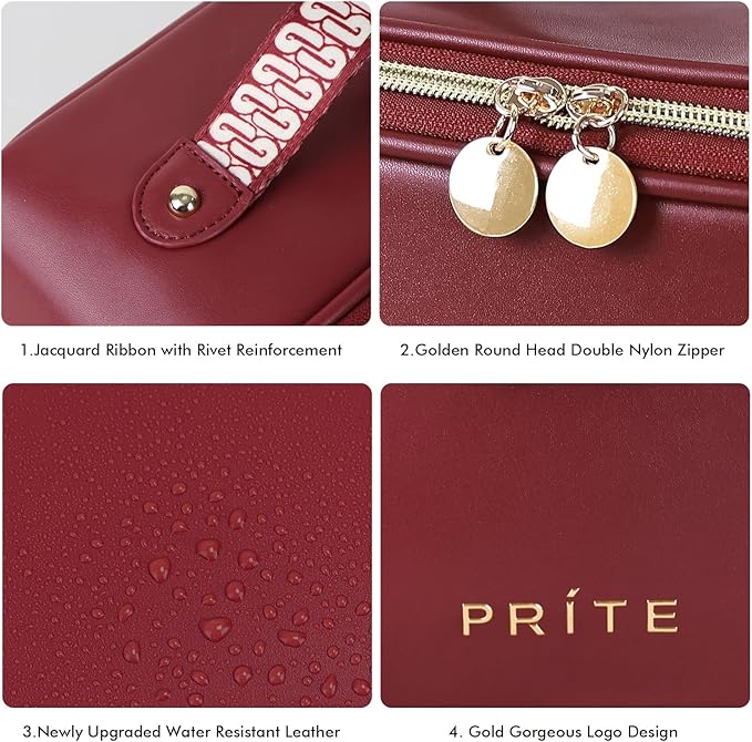 Prite Makeup Bag for Women Travel Waterproof Vegan Leather Cosmetic Bag Open Flat Toiletry Bag With Clear Divider and Handle (Dark Red)
