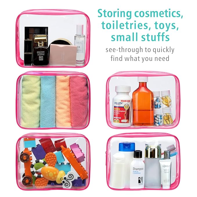 F-color TSA Approved Toiletry Bag 3 Pack Medium - Clear Makeup Bag Travel Quart Size for Women Men, Clear Cosmetic Bag Airport Airline Compliant Carry on Bag, Rose Red