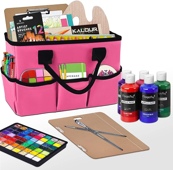 Godery Desktop Tote and Organizer, Teacher Helper Caddy Bag for Arts, Books, Stationery, Office Desk Organization, Make-up Storage with Handles for Travel, Pink