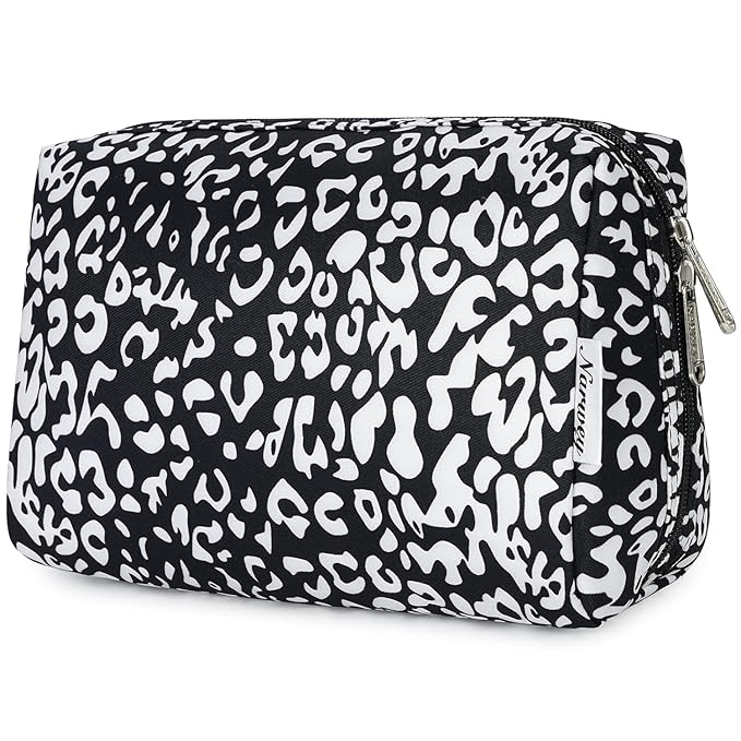 Narwey Cute Cheetah Makeup Bag Travel Cosmetic Bag Organizer Toiletry Bag Make Up Bags with Compartments for Women (Large, Black Leopard-1)