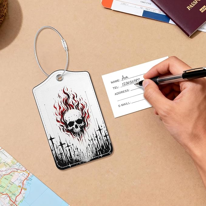2 Pack PU Leather Luggage Tags for Suitcases, Privacy Protection Cover with Stainless Steel Loop and Address Card, Travel Cruise Essentials (Flame Skull)