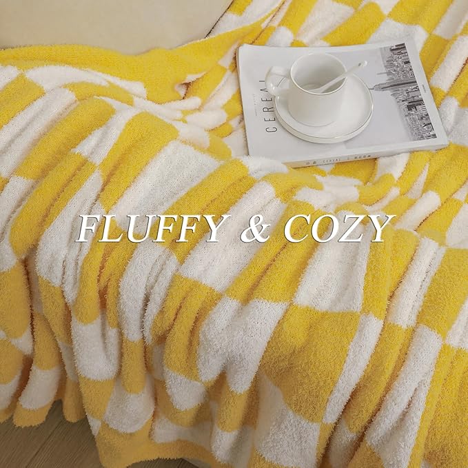 bearberry Fuzzy Checkerboard Grid Throw Blanket Soft Cozy Warm Microfiber Bed Blanket Decor for Couch Sofa Bed Travel Home (Yellow, 60''x80'')