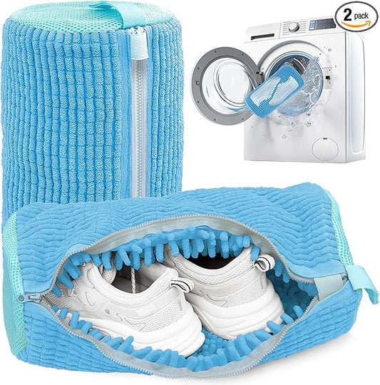 Shoe Washing Machine Bag,Laundry Shoe Bag for Washer and Dryer,Reusable Shoe Cleaning Bag for Sneakers,Tennis Shoes,With Self-locking Zipper, Microfiber Inside (Lite Blue - 2 Pack)