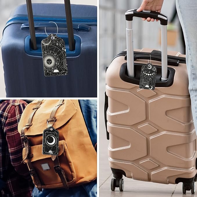 Rimilak 3 Pcs PU Leather Luggage Tags for Suitcase, Travel Cruise Luggage Tag with Privacy Flap, Name ID Label and Metal Loop for Women Men Baggage Handbag School Bag Backpack, Sun Moon
