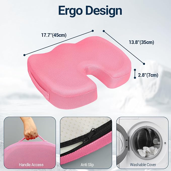 Season Guard Tailbone Pain Relief Office Chair Seat Cushion, Memory Foam Gel Seat Cushion for Sciatica Pain Relief with Washable Cover, Butt Cushion for Long Sitting, Mesh, Pink
