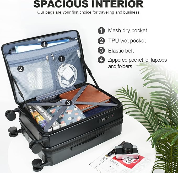 KROSER Carry On Luggage with Spinner Wheels & Built-in TSA Lock, Expandable Top Opening Hard Shell Suitcase Large Capacity Durable Rolling Luggage with USB Port, Carry-On 20-Inch, Black